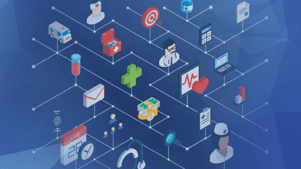 healthcare icons connected in a matrix