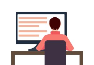 man sitting at computer cartoon