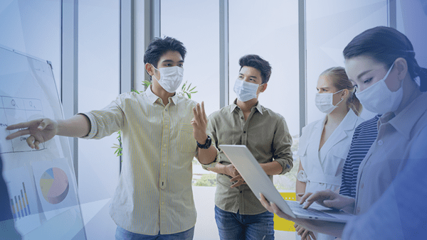 office people wearing mask presenting