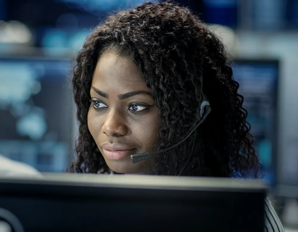 Female,Customer,Service,Representative,Answer,Client's,Questions,In,A,Headset. female employee headset call center