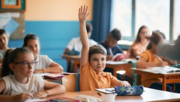 student in classroom smiling raising hand