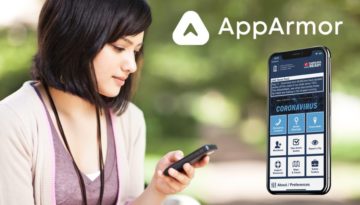woman looking at phone with an apparmor logo and phone showing icons