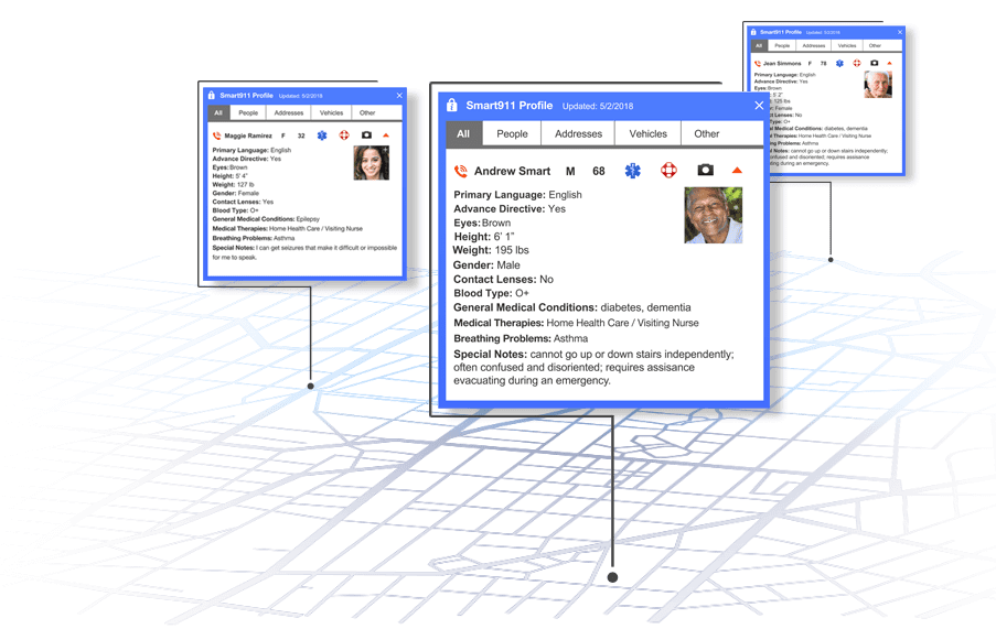 profile identification screens overlayed on a city map