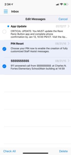 email-inbox-panic-button-app-update phone screenshot of email inbox with app update email and pin reset email