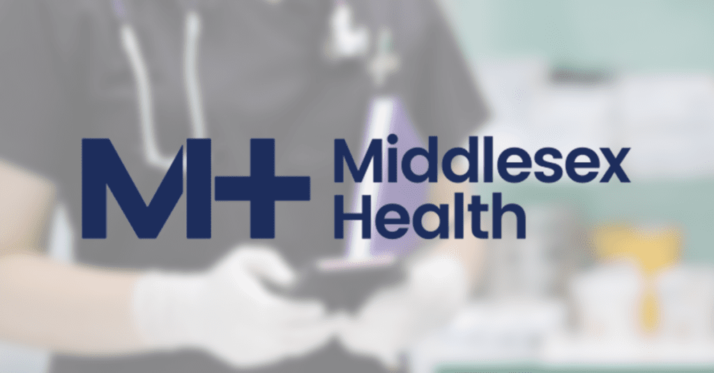 Middlesex Health logo over nurse with phone