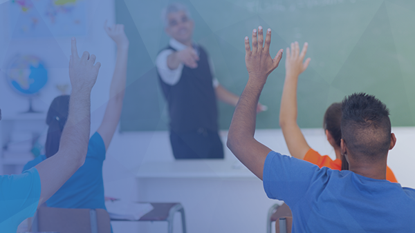 students-classroom-teacher-raising-hands