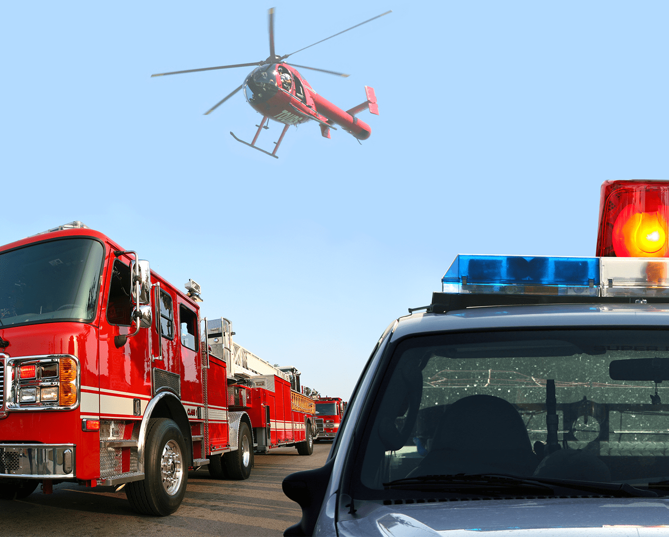 incident-collab-hero-police-fire-helicopter police car fire truck helicopter response team