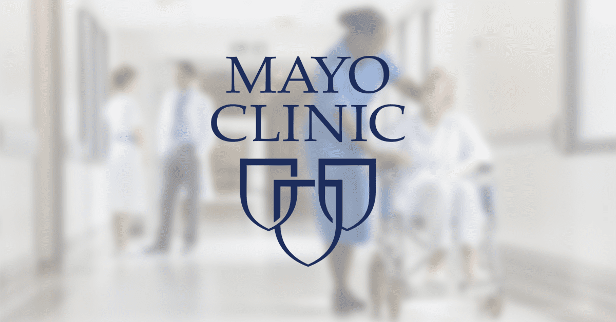 mayo clinic logo over patient and nurse in background