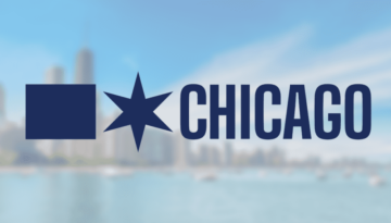 chicago logo in front of image of city