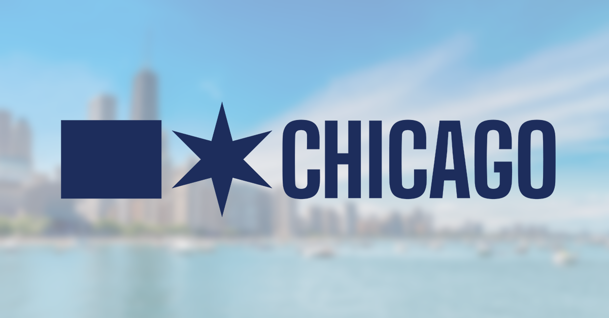 chicago logo in front of image of city