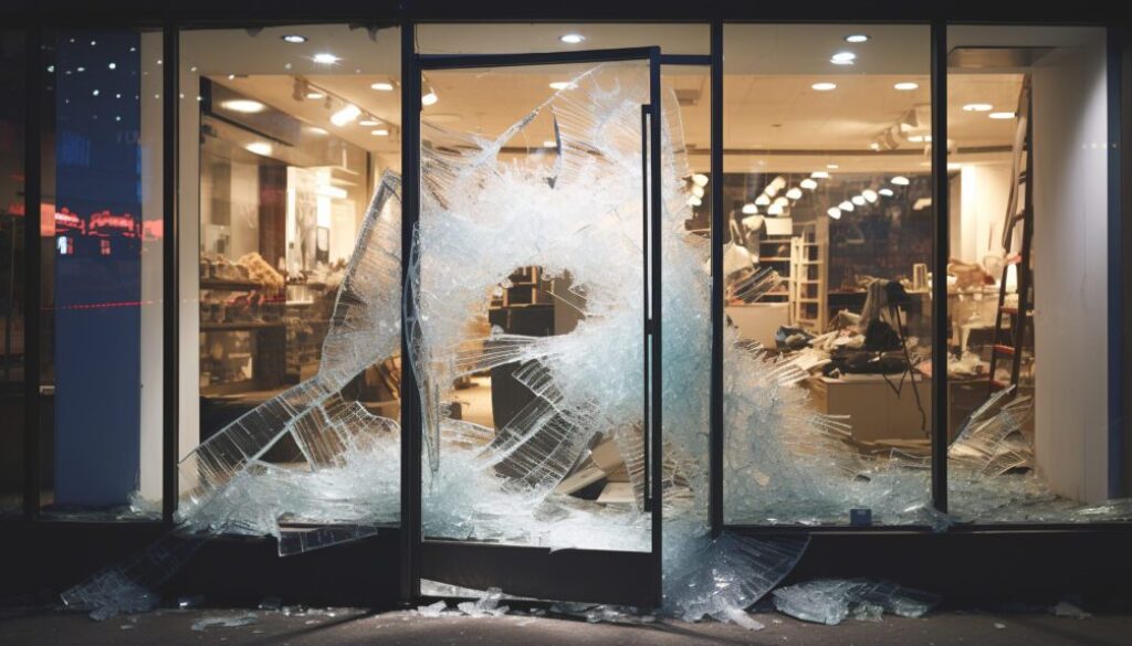 Shattered retail store window