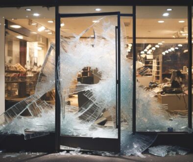 Shattered retail store window